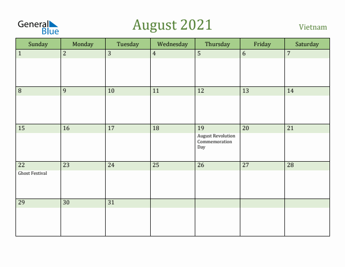 August 2021 Calendar with Vietnam Holidays