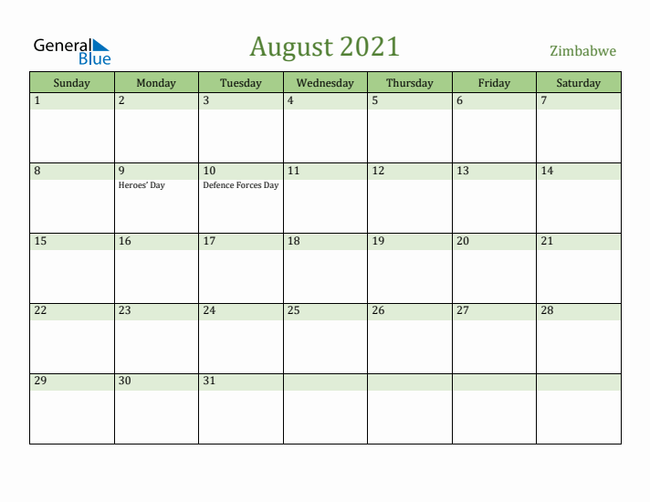August 2021 Calendar with Zimbabwe Holidays