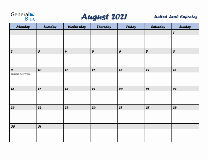 August 2021 Calendar with Holidays in United Arab Emirates