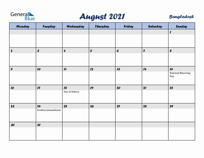 August 2021 Calendar with Holidays in Bangladesh