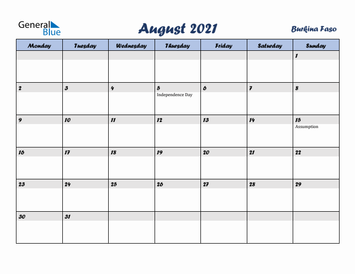 August 2021 Calendar with Holidays in Burkina Faso