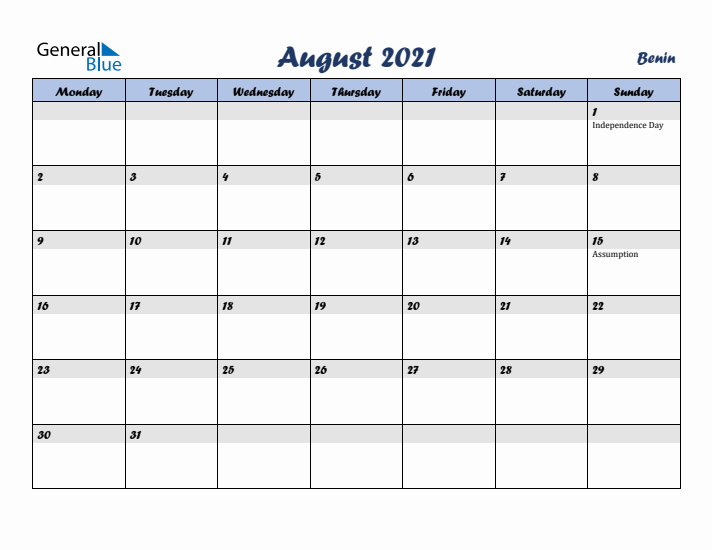 August 2021 Calendar with Holidays in Benin