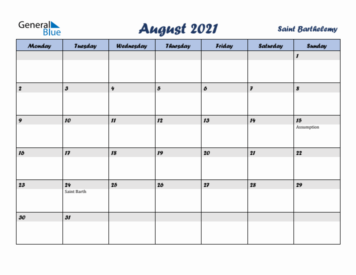 August 2021 Calendar with Holidays in Saint Barthelemy