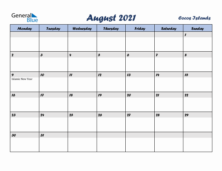 August 2021 Calendar with Holidays in Cocos Islands