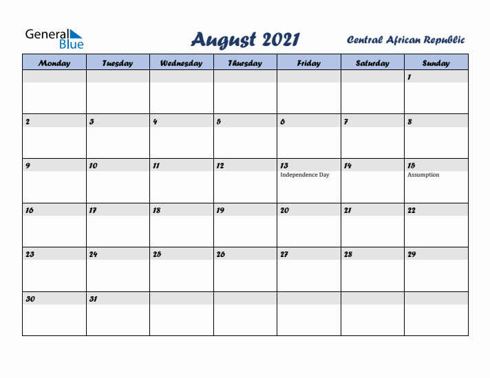 August 2021 Calendar with Holidays in Central African Republic