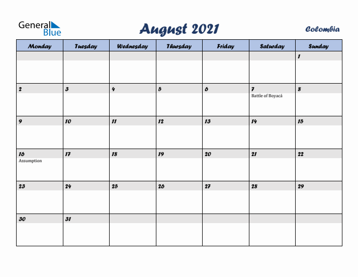 August 2021 Calendar with Holidays in Colombia
