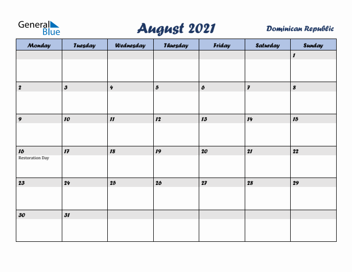 August 2021 Calendar with Holidays in Dominican Republic