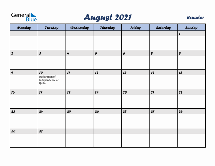 August 2021 Calendar with Holidays in Ecuador