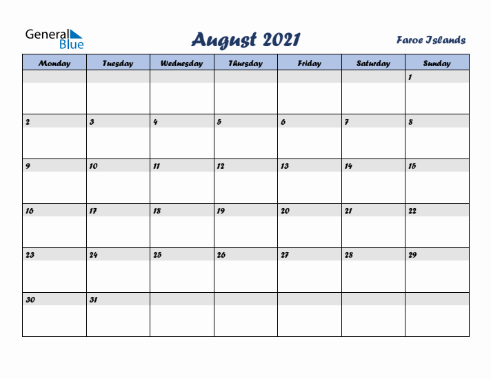 August 2021 Calendar with Holidays in Faroe Islands