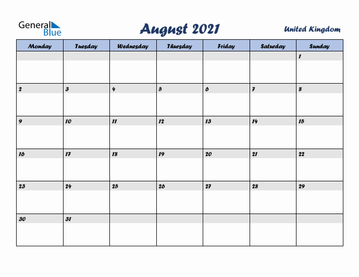 August 2021 Calendar with Holidays in United Kingdom