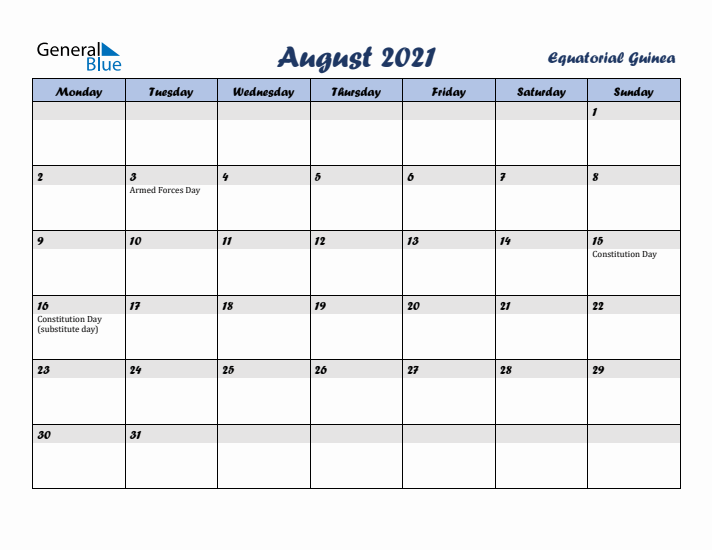 August 2021 Calendar with Holidays in Equatorial Guinea