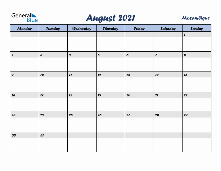 August 2021 Calendar with Holidays in Mozambique
