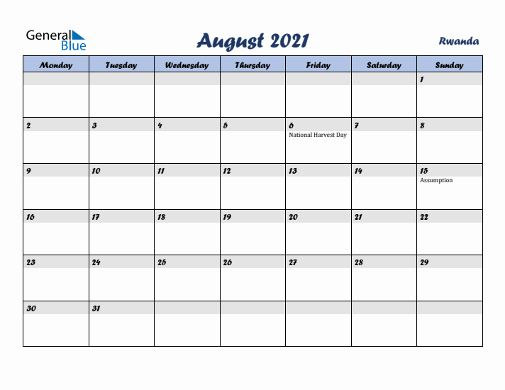 August 2021 Calendar with Holidays in Rwanda