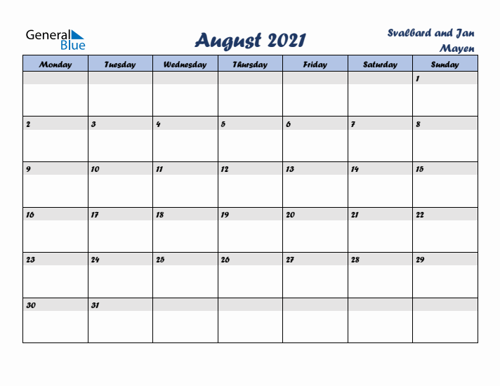 August 2021 Calendar with Holidays in Svalbard and Jan Mayen
