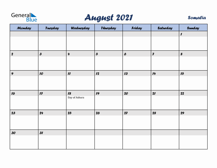 August 2021 Calendar with Holidays in Somalia