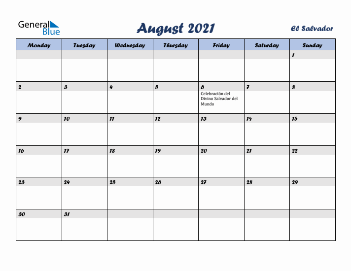 August 2021 Calendar with Holidays in El Salvador