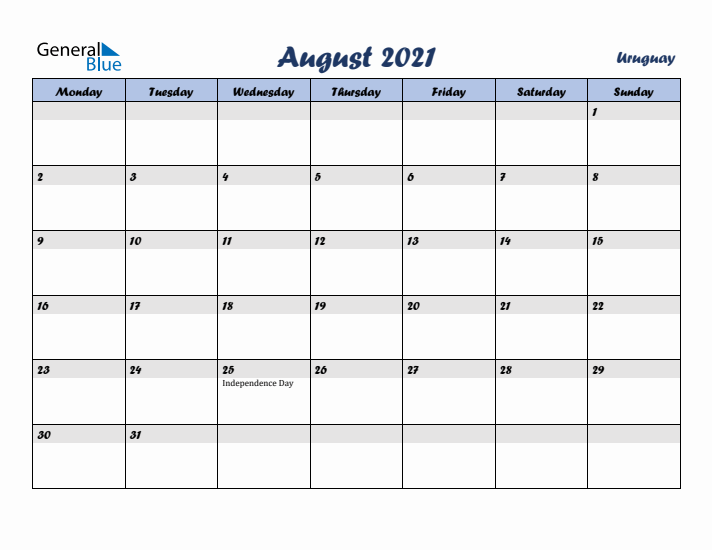 August 2021 Calendar with Holidays in Uruguay