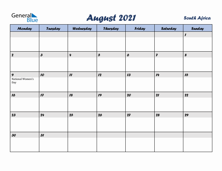 August 2021 Calendar with Holidays in South Africa