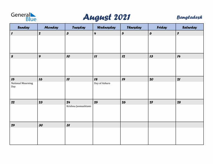 August 2021 Calendar with Holidays in Bangladesh
