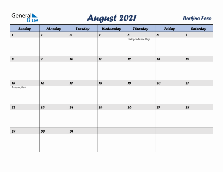 August 2021 Calendar with Holidays in Burkina Faso