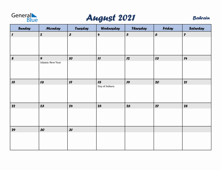 August 2021 Calendar with Holidays in Bahrain