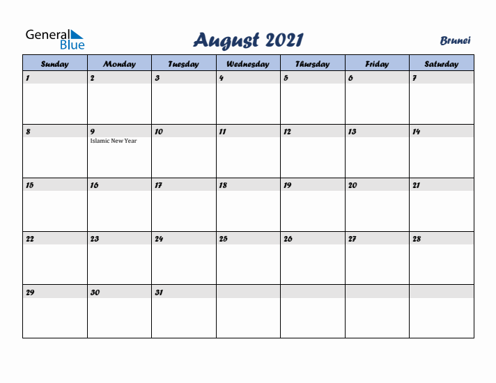 August 2021 Calendar with Holidays in Brunei