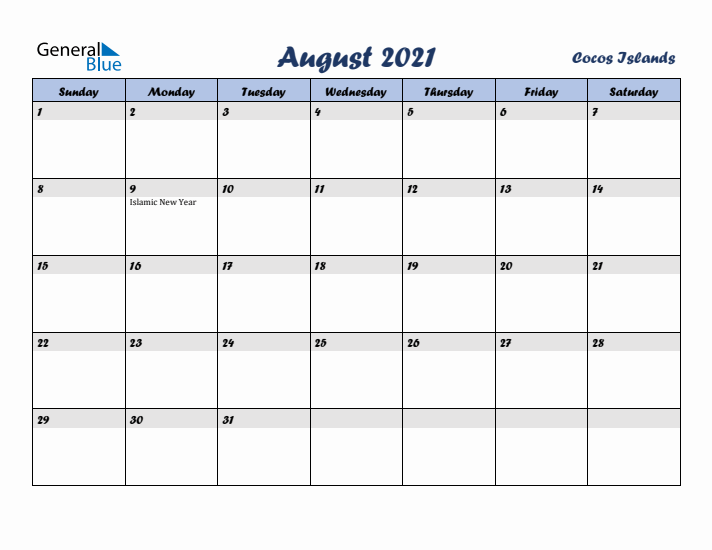 August 2021 Calendar with Holidays in Cocos Islands
