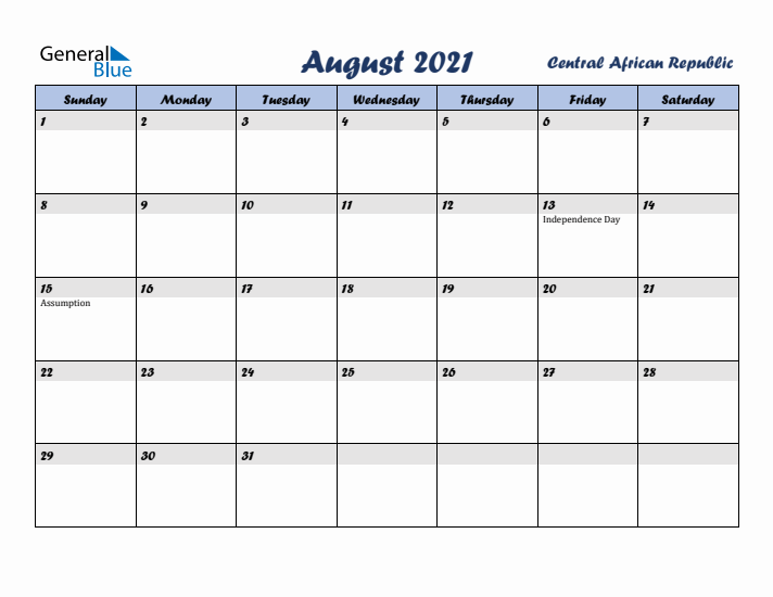 August 2021 Calendar with Holidays in Central African Republic