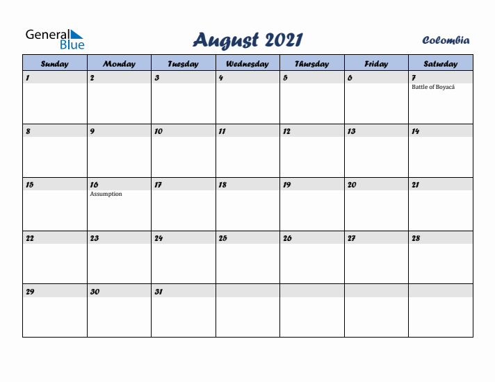 August 2021 Calendar with Holidays in Colombia