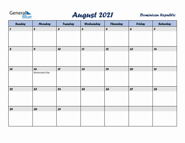 August 2021 Calendar with Holidays in Dominican Republic