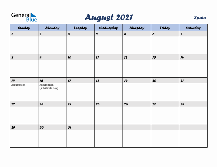August 2021 Calendar with Holidays in Spain