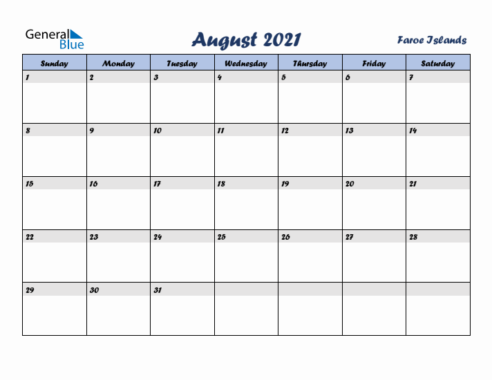 August 2021 Calendar with Holidays in Faroe Islands