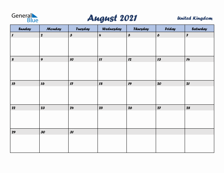 August 2021 Calendar with Holidays in United Kingdom