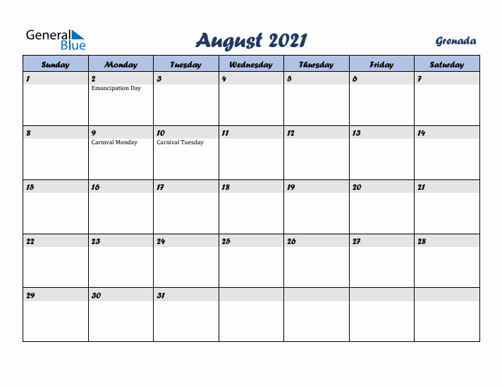 August 2021 Calendar with Holidays in Grenada