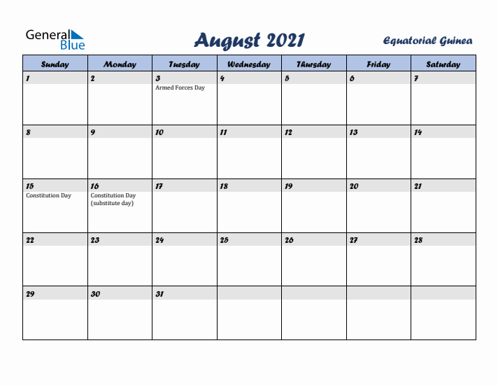 August 2021 Calendar with Holidays in Equatorial Guinea