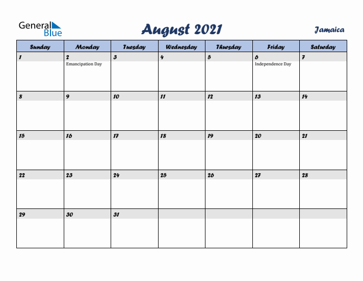 August 2021 Calendar with Holidays in Jamaica