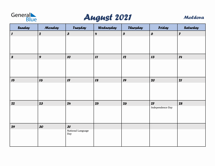 August 2021 Calendar with Holidays in Moldova