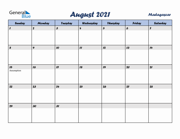 August 2021 Calendar with Holidays in Madagascar