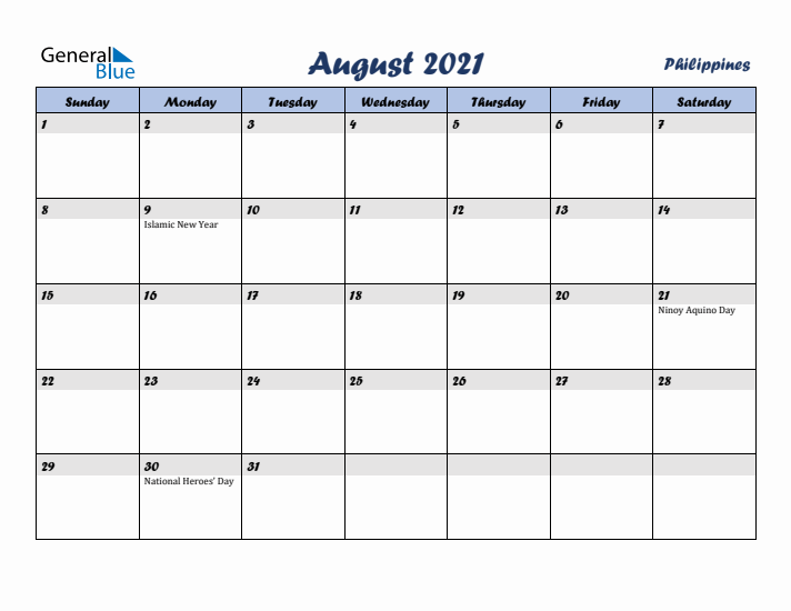August 2021 Calendar with Holidays in Philippines