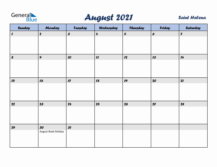 August 2021 Calendar with Holidays in Saint Helena