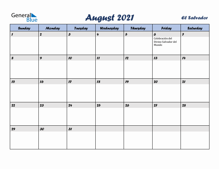 August 2021 Calendar with Holidays in El Salvador