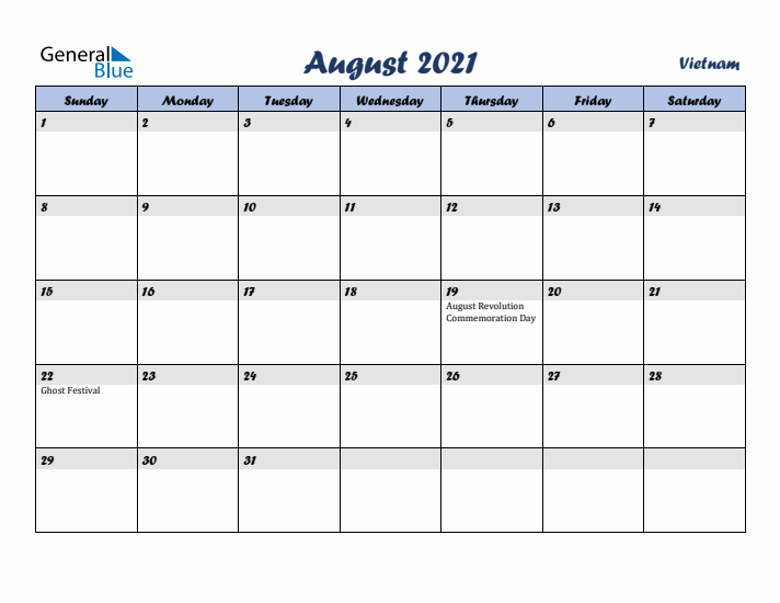 August 2021 Calendar with Holidays in Vietnam