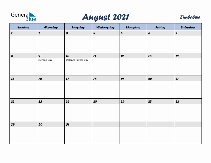August 2021 Calendar with Holidays in Zimbabwe