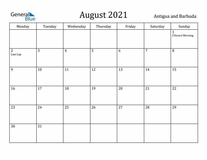 August 2021 Calendar Antigua and Barbuda