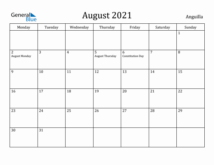 August 2021 Calendar Anguilla