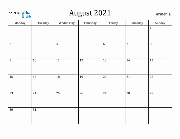 August 2021 Calendar Armenia