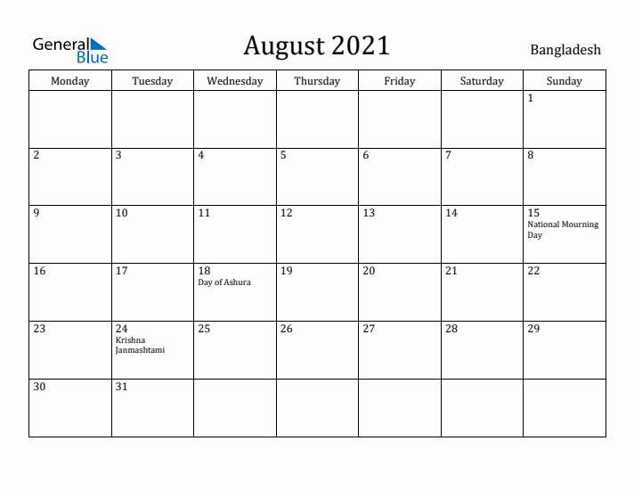 August 2021 Calendar Bangladesh