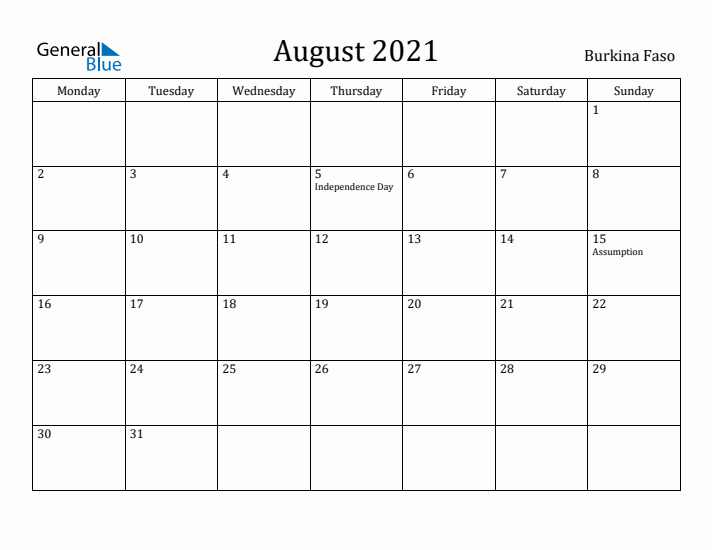 August 2021 Calendar Burkina Faso