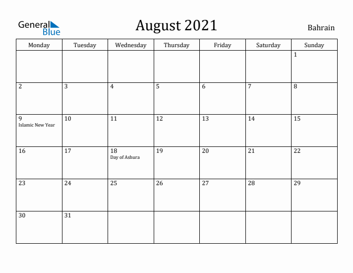 August 2021 Calendar Bahrain