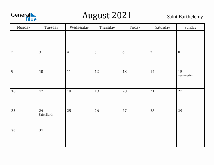 August 2021 Calendar Saint Barthelemy